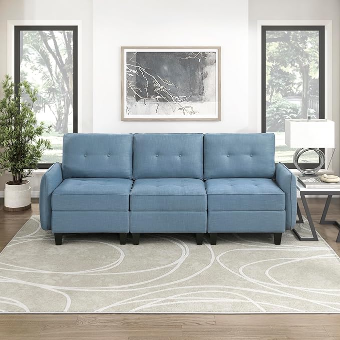 Lexicon Modern Couch with Hidden Storage, Textured Fabric Modular Sofa Couch with Button-Tufted Design, Reversible Back Cushion for Living Room/Bedroom/Office, Blue