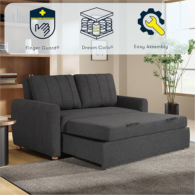 Serta Galway 66.5" Convertible Sleeper Loveseat, Full Size, Dreamcoil Comfort, FingerGuard Pinch Point Protection, Boucle Fabric, Charcoal