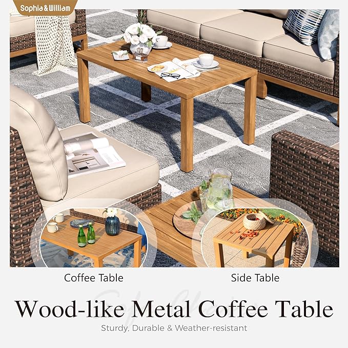 Sophia & William Large Patio Furniture Set, 8 Piece Luxury Rattan Outdoor Sectional Furniture Set, Patio Conversation Set with 3 Armless, 2 Corner Sofa, 2 Single Sofa, 2 Coffee Table(Beige)
