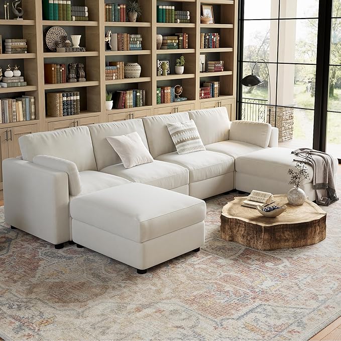 GarveeHome 135.5" Modular Sectional Sofa, 6 Seater Sectional Couch, U Shaped Sofa with Ottoman, Oversized Convertible Modular Couch for Living Room Apartment Office, Chenille Beige