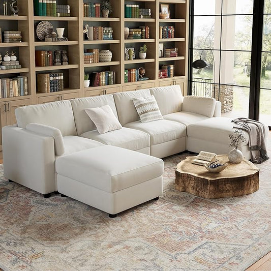 GarveeHome 135.5" Modular Sectional Sofa, 6 Seater Sectional Couch, U Shaped Sofa with Ottoman, Oversized Convertible Modular Couch for Living Room Apartment Office, Chenille Beige