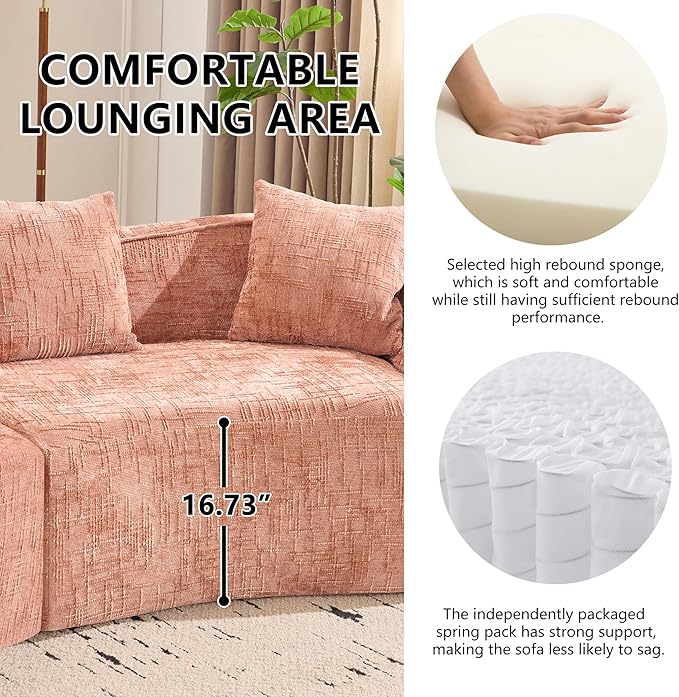 109-Inch Curved Boneless Sofa Couches Compressed 4-Seat Foam Couch for Living Room Bedroom, Boneless Modular Cloud Sofa Curved Floor Couch with 4 Pillows, No Assembly