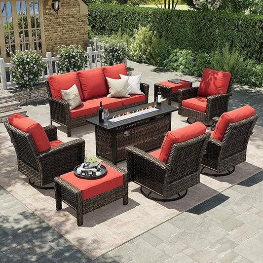 HERA'S HOUSE 8-Piece Patio Furniture Set with Swivel Chairs & Fire Pit Table, High Back Outdoor Conversation Sets with 5.5" Thick Cushions, All-Weather Wicker Deep Seating Sofa with Ottomans, Red