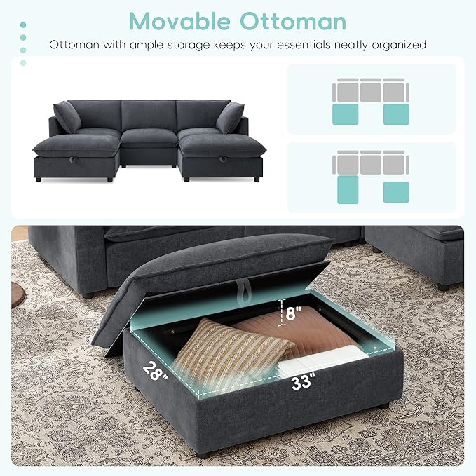 Merax Modern U-Shaped Sectional Sofa with 2 Movable Storage Ottomans, Chenille 6-Seat Couch Set with Fold-Down Backrest Table, Charing Ports, Cup Holders for Living Room,Small Space, Gray