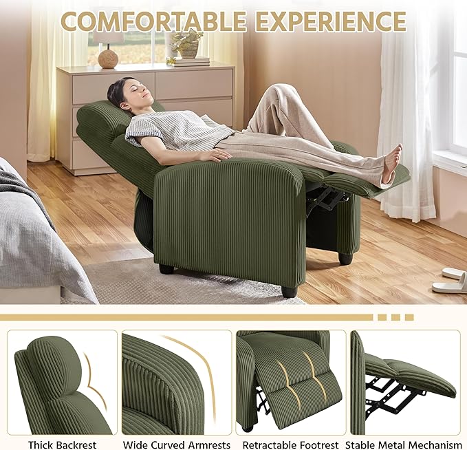 Topeakmart Corduroy Recliner Sofa Mid-Century Recliner Chair Single Reclining Chair Upholstered Sofa for Living Room Bedroom Home Theater Dark Green