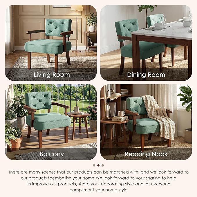Versatile Accent Chair, Small Side Arm Chair,Mid Century Oversize Armchair,Upholstered Wooden Accent Chairs,Tufted Back,Armrest,Cushion, for Office,Waiting/Reading/Living Room, Green