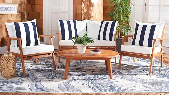 SAFAVIEH Outdoor Collection Deacon Natural Acacia Wood/Beige Cushion 4-Piece Conversation Patio Set with Accent Pillows