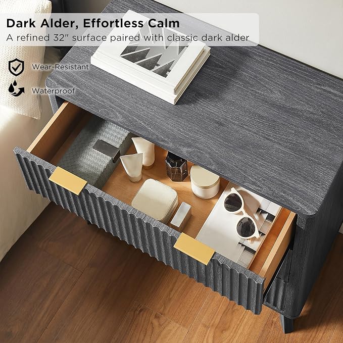 T4TREAM Fluted 3 Drawers Nightstand Set of 2, Oversized Extra Large Modern Side Table, End Table Bedside for Bedroom, Living Room, Curved Profile Design, Dark Alder - Image 4