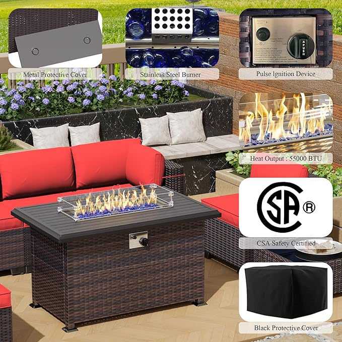15 Pieces Outdoor Patio Furniture Set,Outdoor Sectional Furniture with 43" 55000 BTU Gas Propane Fire Pit Table,All Weather PE Rattan Wicker Patio Conversation Set,Red