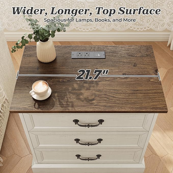 Huuger Nightstand with Charging Station, 3 Drawer Night Stand Set of 2, 22 Inch Wider Side Table with Storage, Farmhouse Nightstand with Vintage Handles, Thicken Base, for Bedroom, Distressed White - Image 7
