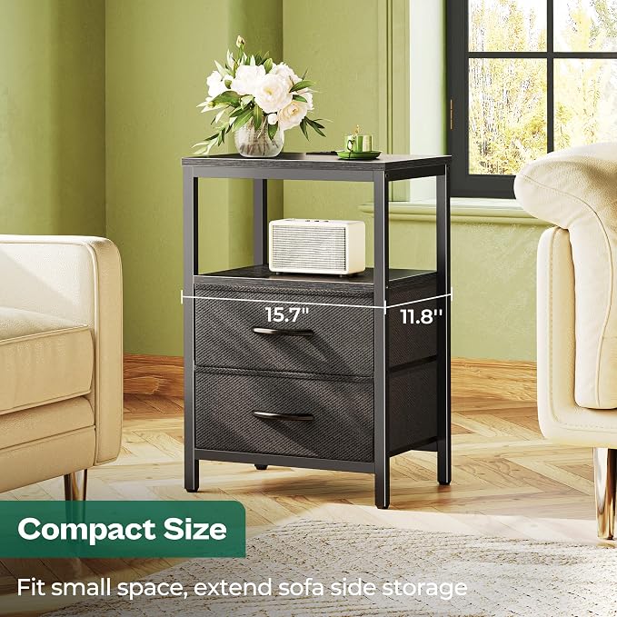 Huuger Nightstand with Charging Station, Side Table with 2 Fabric Drawers, End Table with Open Shelf, Bedside Table with USB-C Port and Outlets, Night Stand for Bedroom, Black - Image 6