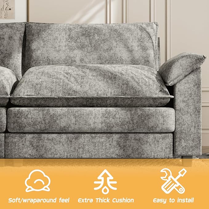 Shahoo Sectional Modular Sofa L Shaped Chenille Fabric Couch with High Supportive & Soft Sponges and Removable Ottoman, Sleeper Comfy Upholstered Furniture for Living Room, Grey