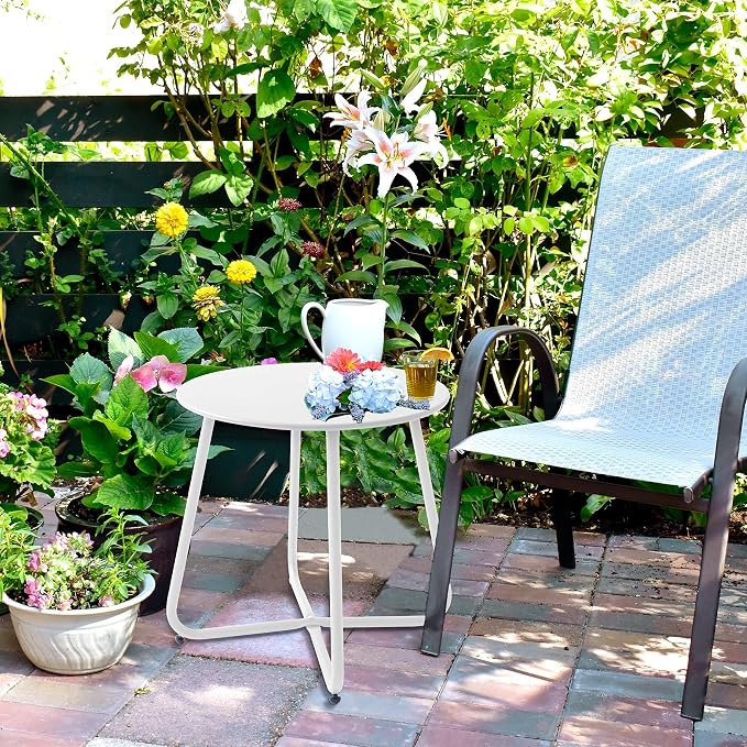 Meluvici Patio Outdoor Side Table Waterproof Round Metal Steel Small Side Table Weather Resistant Portable Outdoor and Indoor End Table for Garden Balcony Yard, White - Image 8