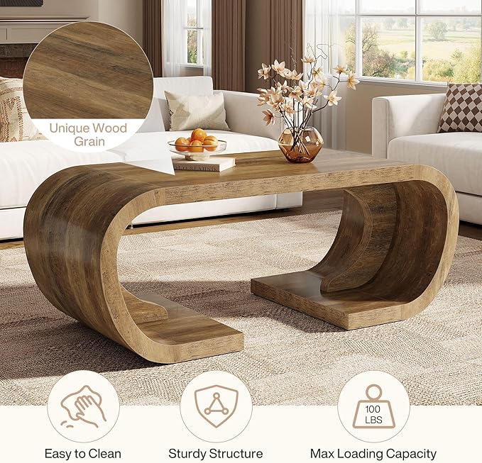 Tribesigns Farmhouse Coffee Table, 47" Heavy Duty C-Shaped Center Table with Curved Base, Large Tea Table for Living Room, Entertainment Room, Home Office, Rustic Brown