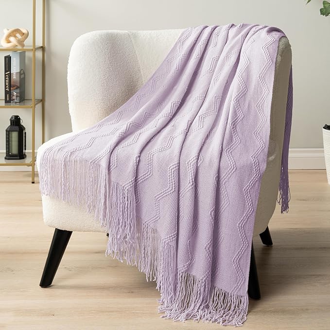 PAVILIA Lavender Purple Knit Throw Blanket for Couch Bed, Soft Knitted Farmhouse Sofa Throw for Living Room, Lightweight Decorative Summer Throw Blanket for Chair, Outdoor Textured Boho Blanket, 50x60