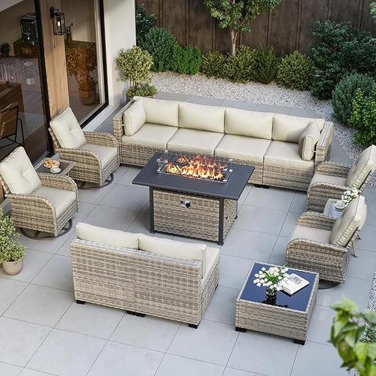 14-Piece Outdoor Patio Furniture Set with Rocking Swivel Chair, Wicker Rattan Sectional Sofa Conversation Set with 55,000 BTU Fire Pit Table, Backyard Furniture, White