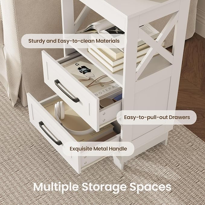 Tall Nightstand Set of 2 Side Table with 2 Drawers Modern Night Stand Wooden End Table Bedside Table with Upper Open Shelf Solid Feet for Bedroom, White - Image 4