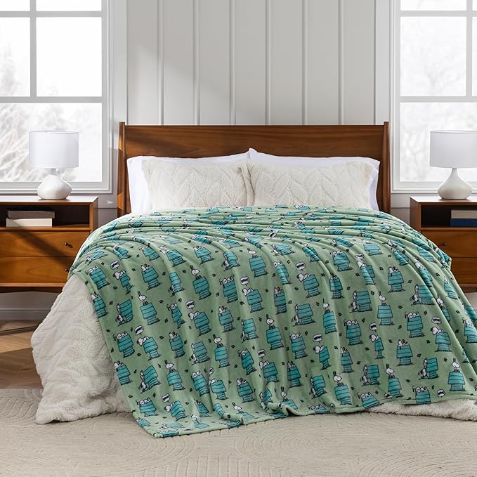 Berkshire Peanuts® VelvetLoft® Cute Character Snoopy Plush Blanket,Regular Snoopy Dog House Poses & Paws Closed in Sage,Full/Queen 90 in x 90 in (Official Peanuts® Product)