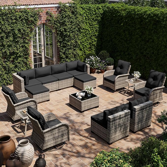 15-Piece Outdoor Patio Furniture Set with Rocking Swivel Chair, Wicker Rattan Sectional Sofa Conversation Set with Tempered Glass Table with Ottomans, Backyard Furniture, Dark Grey