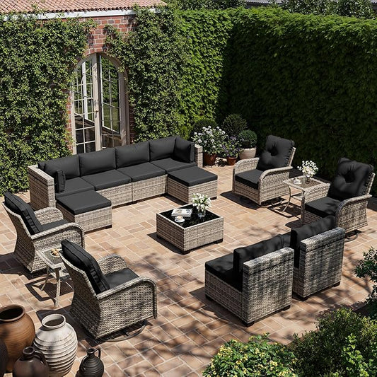 15-Piece Outdoor Patio Furniture Set with Rocking Swivel Chair, Wicker Rattan Sectional Sofa Conversation Set with Tempered Glass Table with Ottomans, Backyard Furniture, Dark Grey