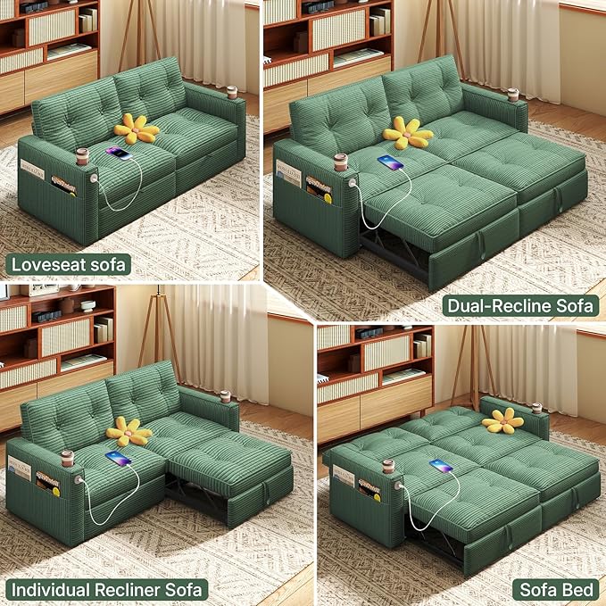 Rovibek 73.2" Convertible Sofa Bed, Pull Out Couch with USB Charging Port & Cup Holders, Adjustable Backrest, Side Pockets, Modern Corduroy Sleeper Sofa for Living Room, Bedroom, Apartment, Green