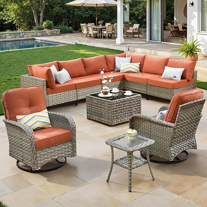 10 Piece Outdoor Patio Furniture with Swivel Rocking Chair, Rattan Wicker Conversation Set with Glowing Coffee Table, Sectional Single Chairs for Porch Balcony Backyard Pool,Orange