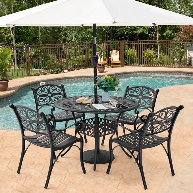 NUU GARDEN 5 Pieces Outdoor Patio Dining Set, 42" Round Cast Aluminum Dining Table with 2.24" Umbrella Hole and All-Weather 4 Outdoor Patio Dining Chairs for Patio, Garden, Backyard, Balcony, Bronze - Image 3