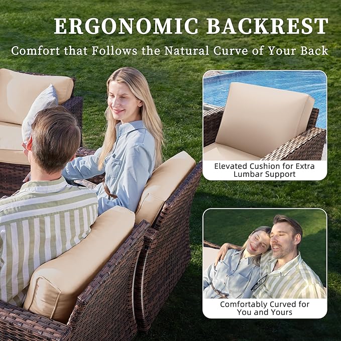 UDPATIO Patio Furniture Set, 5 Pieces Outdoor Furniture Sets with Rocking Swivel Chairs, Wicker Rattan Patio Conversation Set with Storage Table and Waterproof Covers for Backyard Deck Porch, Khaki