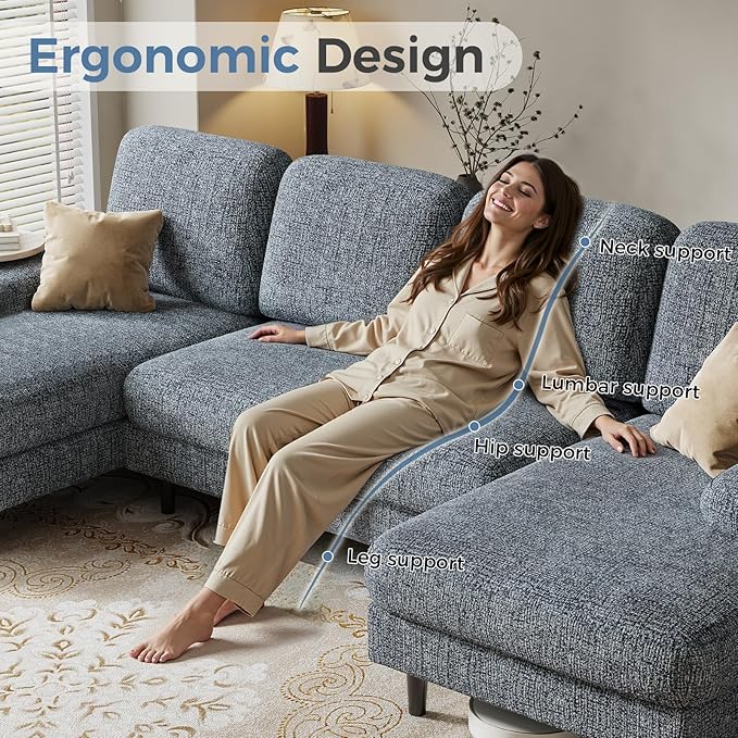 DUMOS Sectional Couches for Living Room, U Shaped Couch with Double Chaise Lounge, Modern Chenille Fabric 4-Seat Couch with Removable Pillows for Apartment/Small Space, Dark Grey