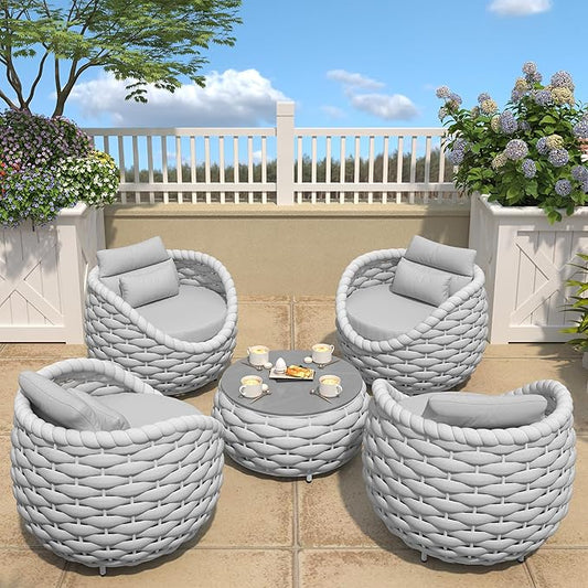 TWT Aluminum Outdoor Patio Furniture Set, 4 Textilene Armchairs Modern Outdoor Conversation Set Outdoor Single Sofa with Upgrade Cushion and Coffee Table for Balcony, Light Grey