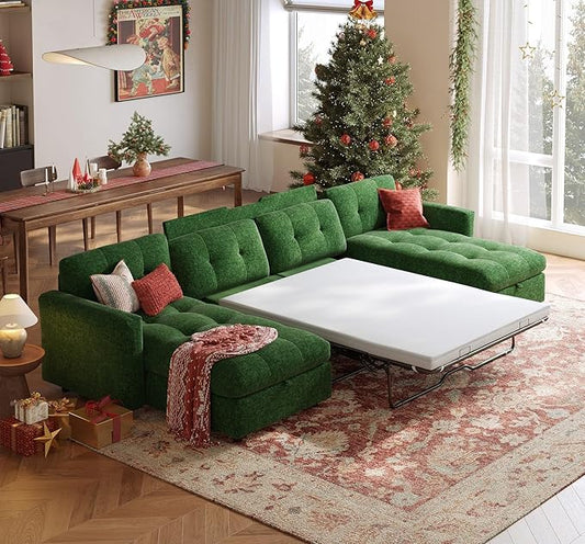 152" Oversized Sectional Sleeper Sofa with Pull Out Bed and Storage Chaise, Convertible Sofa Bed with Memory Foam Topper, Comfy U Shaped Modular Couches for Living Room Apartment Dorm Room, Green