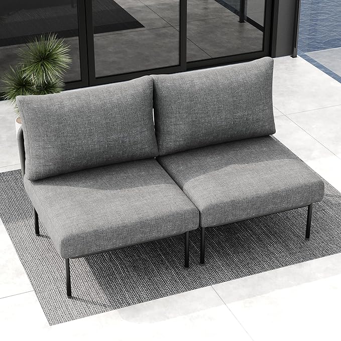 LayinSun 2 Pieces Aluminum Patio Furniture Set, Modern Modular Sectional Middle Chairs and Upgrade Thickness Cushion