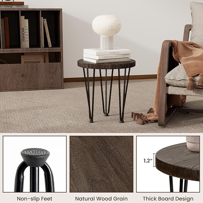 Fun Memories Round Coffee Table - Elm Wood Nesting Table with Metal Legs & Non Slip Feet Base - Rustic Nesting End Tables for Living Room Bedroom - 14" D x 14" W x 16" H - Walnut Color