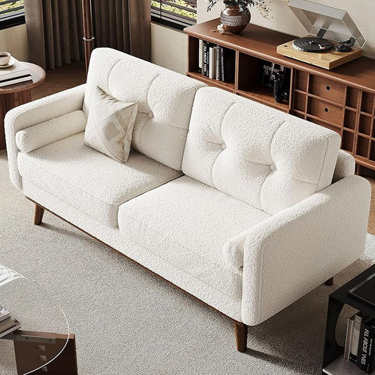 Garvee 65" Mid Century Modern Loveseat Sofa for Small Spaces, 2 Seater Boucle Upholstered Couch with Button Tufted Design & Wood Legs, Small Couch for Living Room, Bedroom, Office, Apartment, Beige
