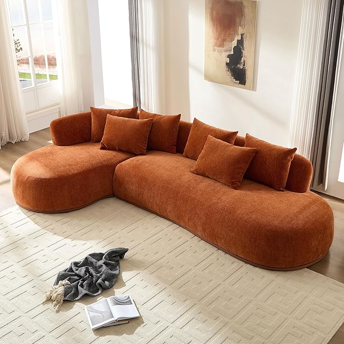 KEIKI 135" L-Shaped Oversized Boucle Sectional Sofa with Left Chaise, Modern 5-Seater Polyester Curved Couch with PU Leather Base & 6 Decorative Pillows, No Assembly Required, for Living Room, Orange
