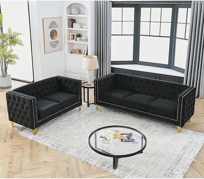 KEIKI Tufted Velvet 3+2 Seat Sofa Couch for Living Room, Buttons Tufted Square Arm Couch for Home Apartment, Black