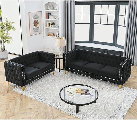 KEIKI Tufted Velvet 3+2 Seat Sofa Couch for Living Room, Buttons Tufted Square Arm Couch for Home Apartment, Black