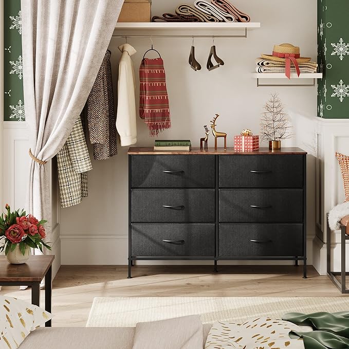 WLIVE Black Dresser for Bedroom with 6 Drawers, Dresser TV Stand for 50 Inches TV with Metal Frame, Wooden Top, Fabric Dresser for Closet, Hallway, Entryway, Black and Rustic Brown - Image 4