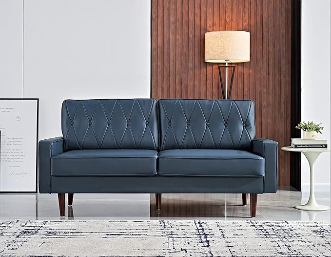 Container Furniture Modern Style Faux Leather Sofa with Elegant Round Tapered Legs and Button Tufted Backrest Perfect for Living Room, Bedroom or Home Office, 69.3’’ Wide, Blue