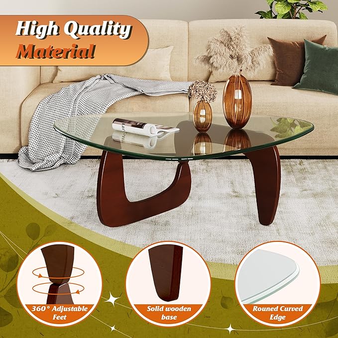 WLIVE Coffee Table, Small Glass Coffee Table with Solid Wood Legs, 36" Mid Century Triangle Living Room Tables, Modern Center Table for Living Room, Reception, Office, Espresso