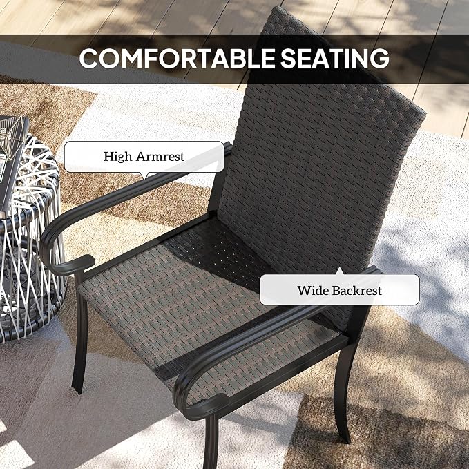 Outsunny Set of 4 Outdoor Wicker Dining Chairs, All-Weather Rattan Armchairs with Armrests, Steel Frame, Highback and Deep Seating, for Garden, Patio, Deck, Yard, Poolside, Brown - Image 5