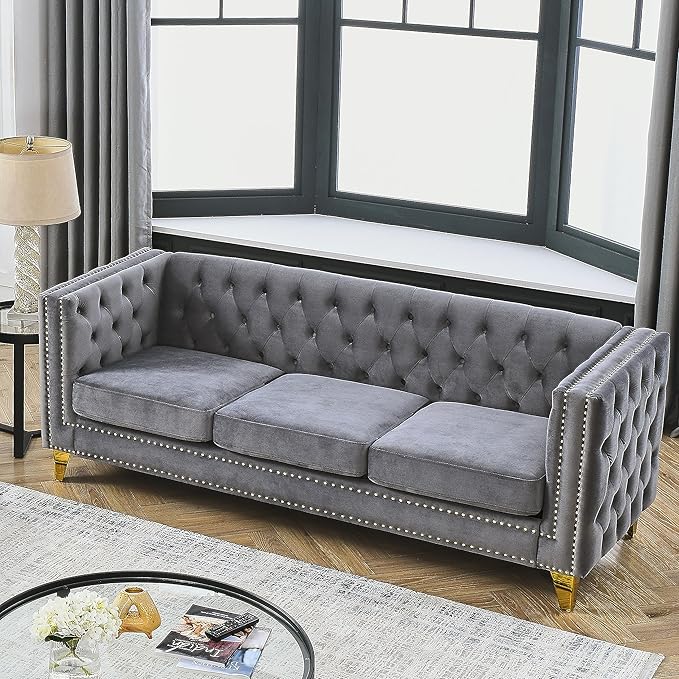 KEIKI Tufted Velvet 3 Seat Sofa Couch for Living Room, Buttons Tufted Square Arm Couch for Home Apartment, Gray