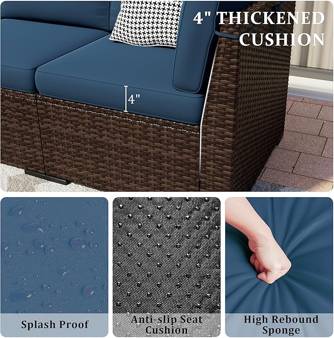 8 Pieces Outdoor Patio Furniture Set with 44" Fire Pit Table Rattan Sectional Conversation Sets w/Gas Fire Pit, Coffee Table, 1 Waterproof Covers, Navy Blue