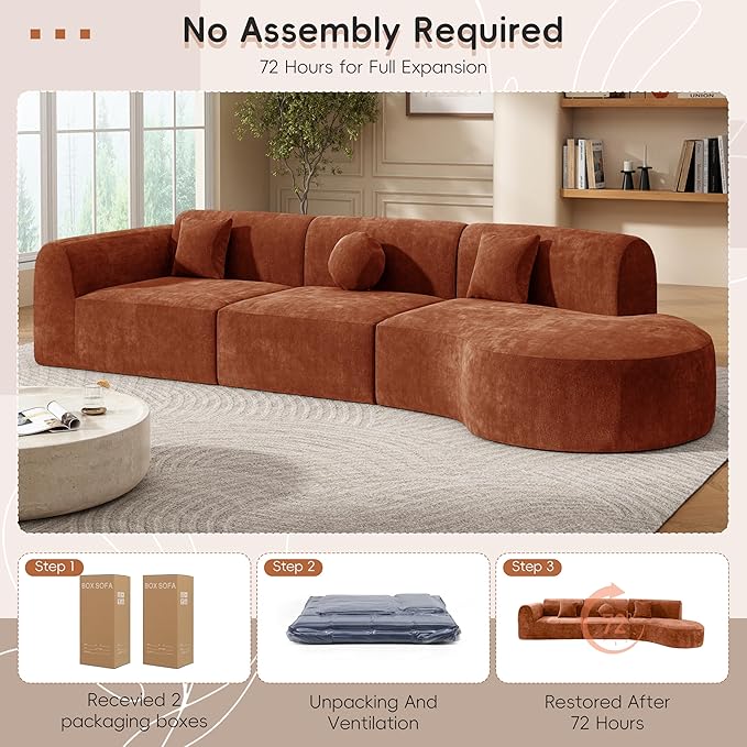 Merax 140" Curved Polyester Sectional Sofa Set, 7 Seat Modern Cloud Couch with Chaise Lounge,3 Pillows, Fully Assembled for Living Room, Orange
