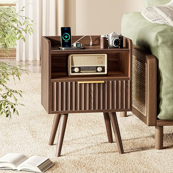 Huuger Nightstand with Charging Station, USB-C Port, Fluted Night Stand with Drawer, Bed Side Table with Solid Wood Feet, Open Storage, End Table with Raised Edge, for Bedroom, Walnut - Image 4