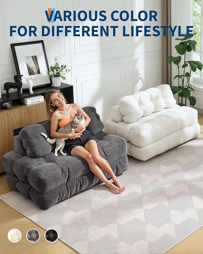 Folding Sofa Bed with Back Support, Convertible Sleeper Chair with Pilow Foldable Matress, Portable Fold Out Chair Bed Comfy Floor Sofa Lounge for Living Room Bedroom, Grey, Double