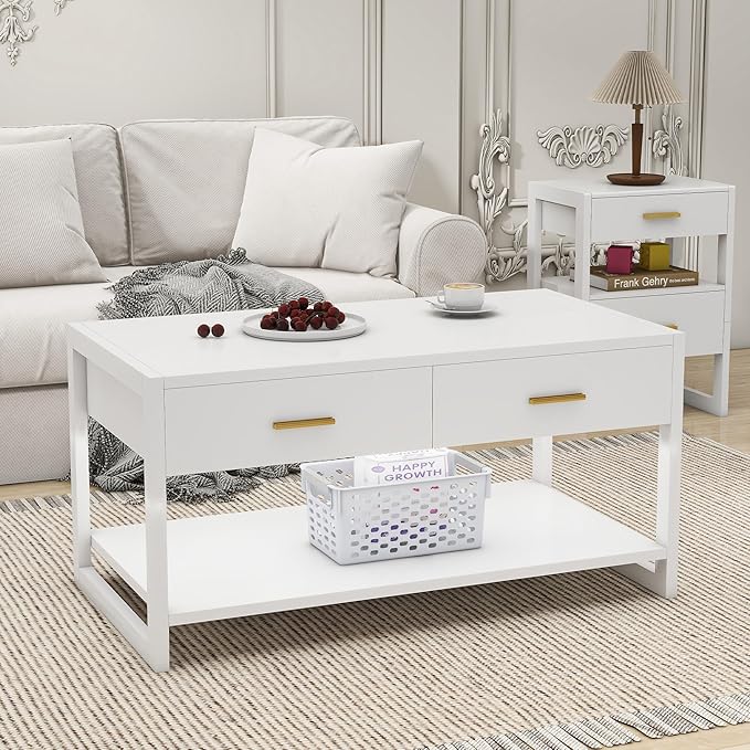 Coffee Table with Sensor Light - Modern Storage Coffee Table with Drawers and Shelf for Living Room, Office, Outdoor
