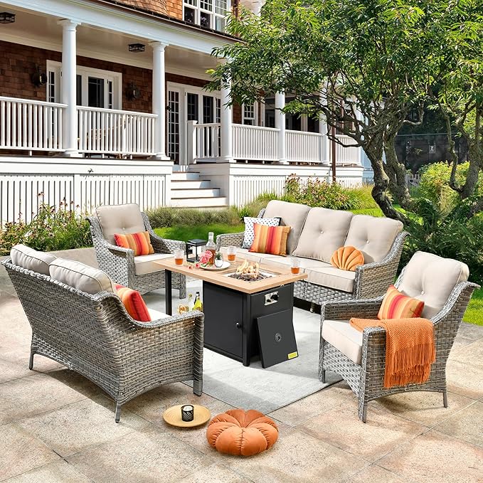 HOOOWOOO 5 Piece Patio Set with Fire Pit Table, All Weather Resistant High Back Rattan Outdoor Wicker Furniture (Beige Tan)