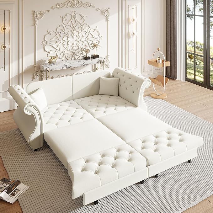 Eafurn Oversized 3-Seater Chesterfield Loveseat Convertible Queen Size Sleeper Couch Bed,Classic Tufted Velvet Pull Out Loveseat Sofa Bed with Roll Armrest and Solid Wood Legs