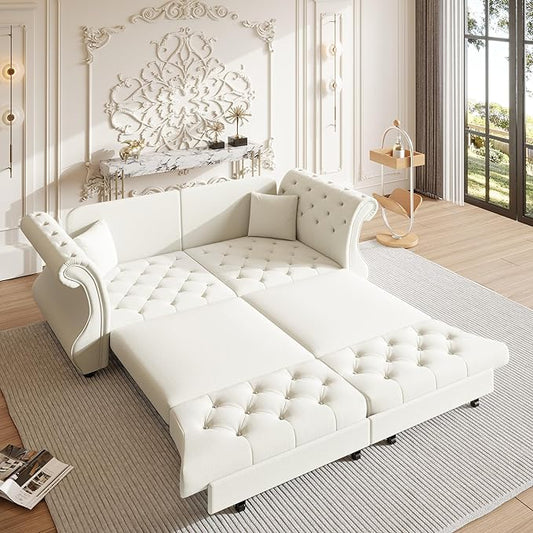 Eafurn Oversized 3-Seater Chesterfield Loveseat Convertible Queen Size Sleeper Couch Bed,Classic Tufted Velvet Pull Out Loveseat Sofa Bed with Roll Armrest and Solid Wood Legs